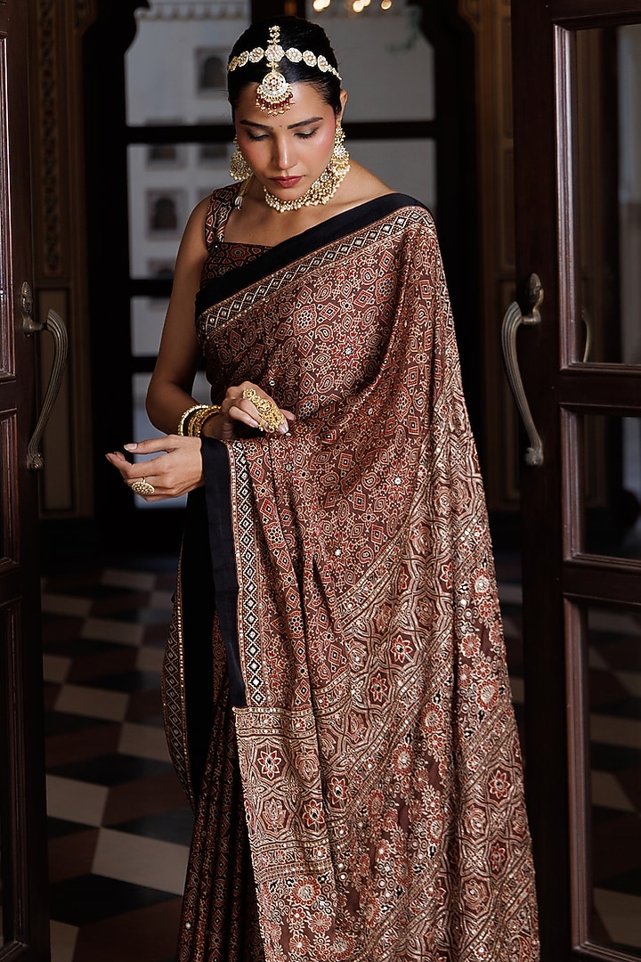 Maroon Modal Silk Ajrakh Printed Wedding Saree Set by Geroo Jaipur at Pernia's Pop Up Shop