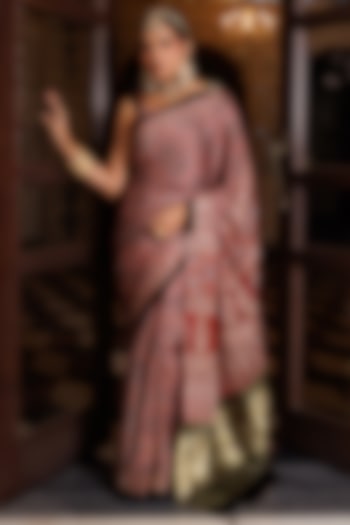 Maroon & Black Modal Silk Ajrakh Printed Wedding Saree Set by Geroo Jaipur at Pernia's Pop Up Shop