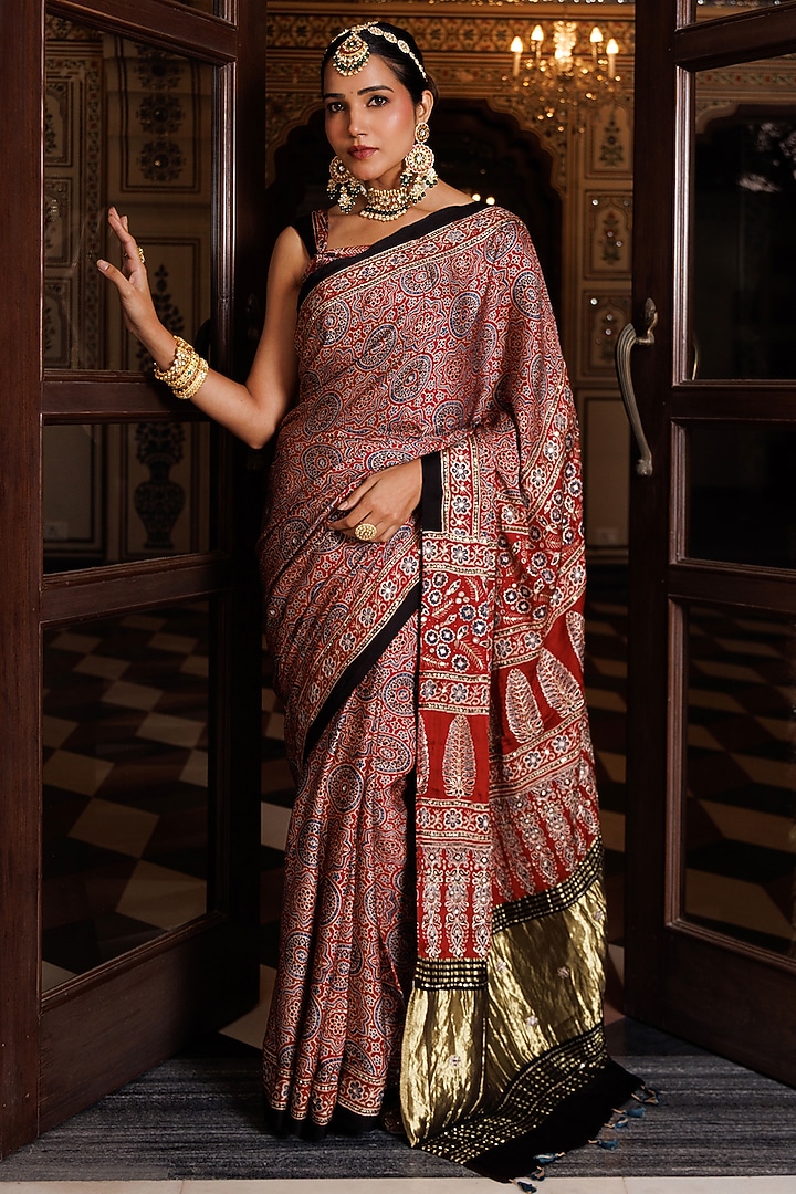 Maroon & Black Modal Silk Ajrakh Printed Wedding Saree Set by Geroo Jaipur at Pernia's Pop Up Shop