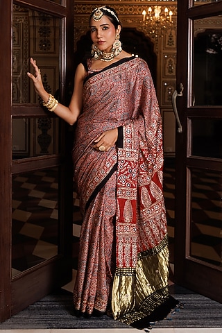 Maroon & Black Modal Silk Ajrakh Printed Saree Set by Geroo Jaipur