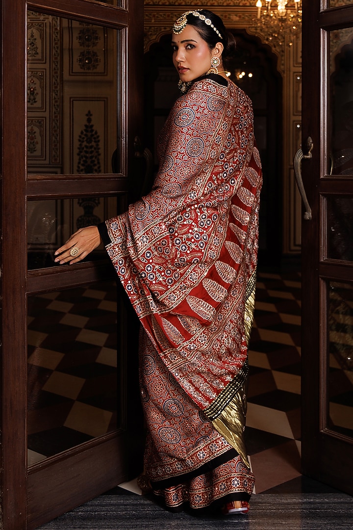 Maroon & Black Modal Silk Ajrakh Printed Wedding Saree Set by Geroo Jaipur at Pernia's Pop Up Shop