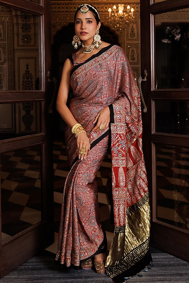 Maroon & Black Modal Silk Ajrakh Printed Wedding Saree Set by Geroo Jaipur at Pernia's Pop Up Shop