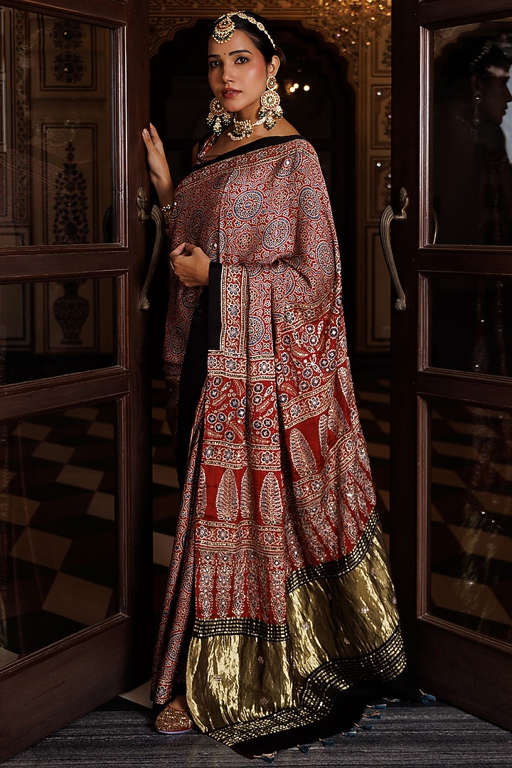Maroon & Black Modal Silk Ajrakh Printed Wedding Saree Set by Geroo Jaipur at Pernia's Pop Up Shop