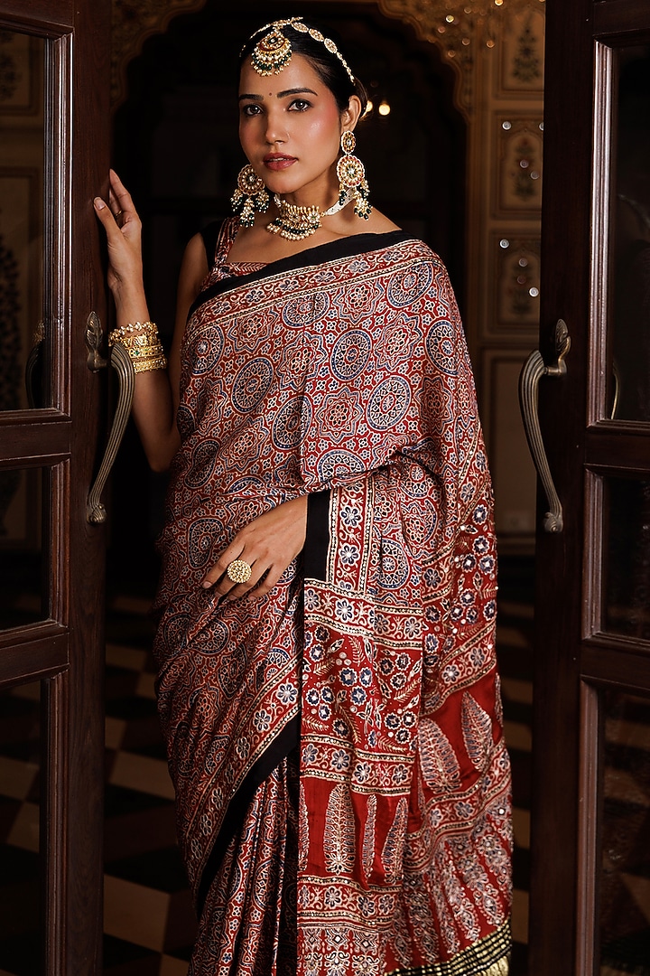 Maroon & Black Modal Silk Ajrakh Printed Wedding Saree Set by Geroo Jaipur at Pernia's Pop Up Shop