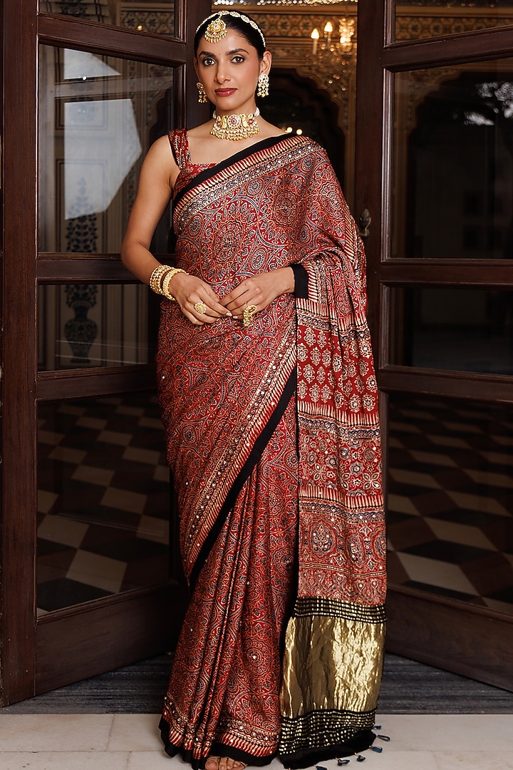 Maroon & Black Modal Silk Ajrakh Printed Wedding Saree Set by Geroo Jaipur at Pernia's Pop Up Shop