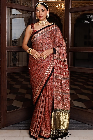 Maroon & Black Modal Silk Ajrakh Printed Saree Set by Geroo Jaipur