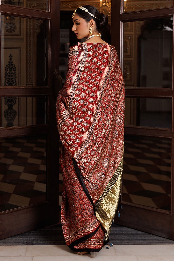 Maroon & Black Modal Silk Ajrakh Printed Wedding Saree Set by Geroo Jaipur at Pernia's Pop Up Shop