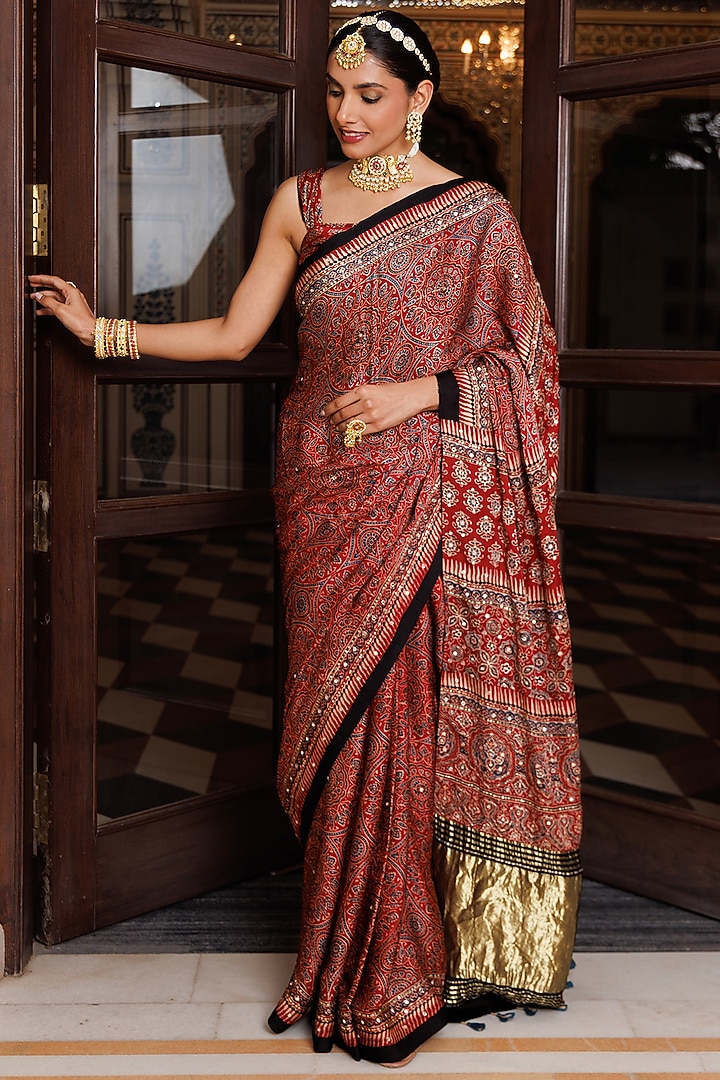 Maroon & Black Modal Silk Ajrakh Printed Wedding Saree Set by Geroo Jaipur at Pernia's Pop Up Shop