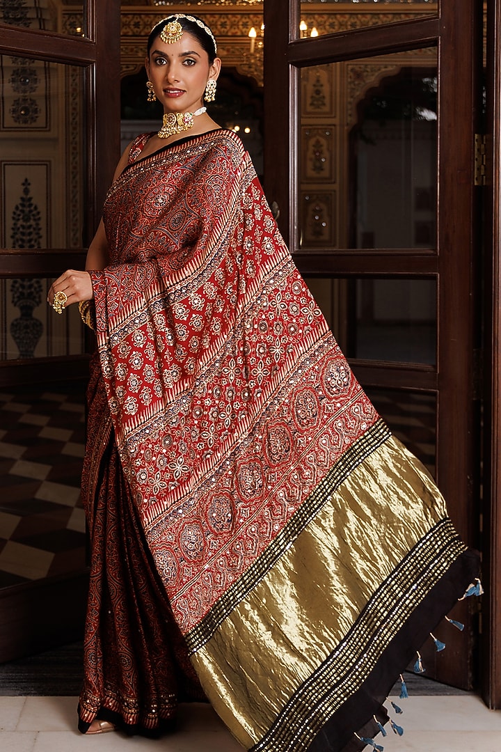 Maroon & Black Modal Silk Ajrakh Printed Wedding Saree Set by Geroo Jaipur at Pernia's Pop Up Shop
