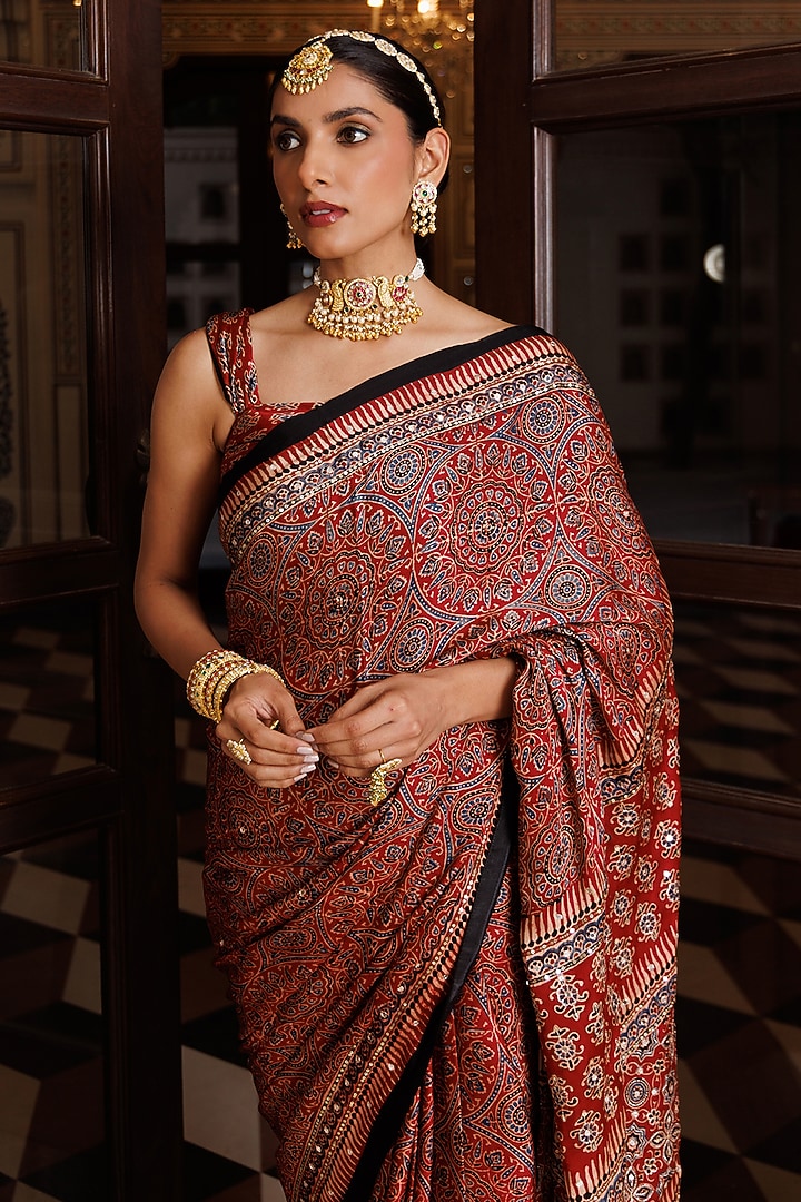 Maroon & Black Modal Silk Ajrakh Printed Wedding Saree Set by Geroo Jaipur at Pernia's Pop Up Shop