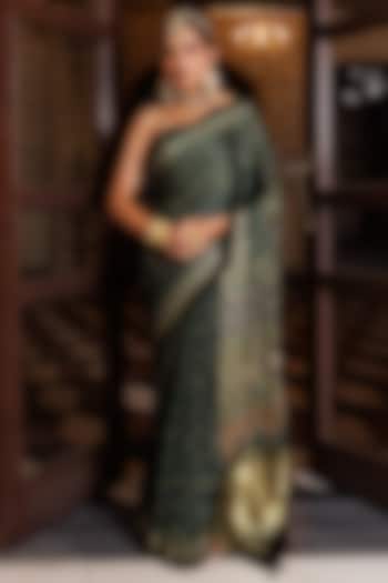 Green Modal Silk Ajrakh Printed Wedding Saree Set by Geroo Jaipur at Pernia's Pop Up Shop