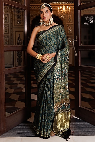 Green Modal Silk Ajrakh Printed Saree Set by Geroo Jaipur