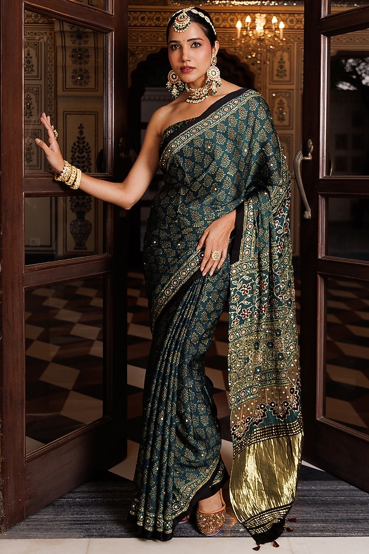 Green Modal Silk Ajrakh Printed Wedding Saree Set by Geroo Jaipur at Pernia's Pop Up Shop