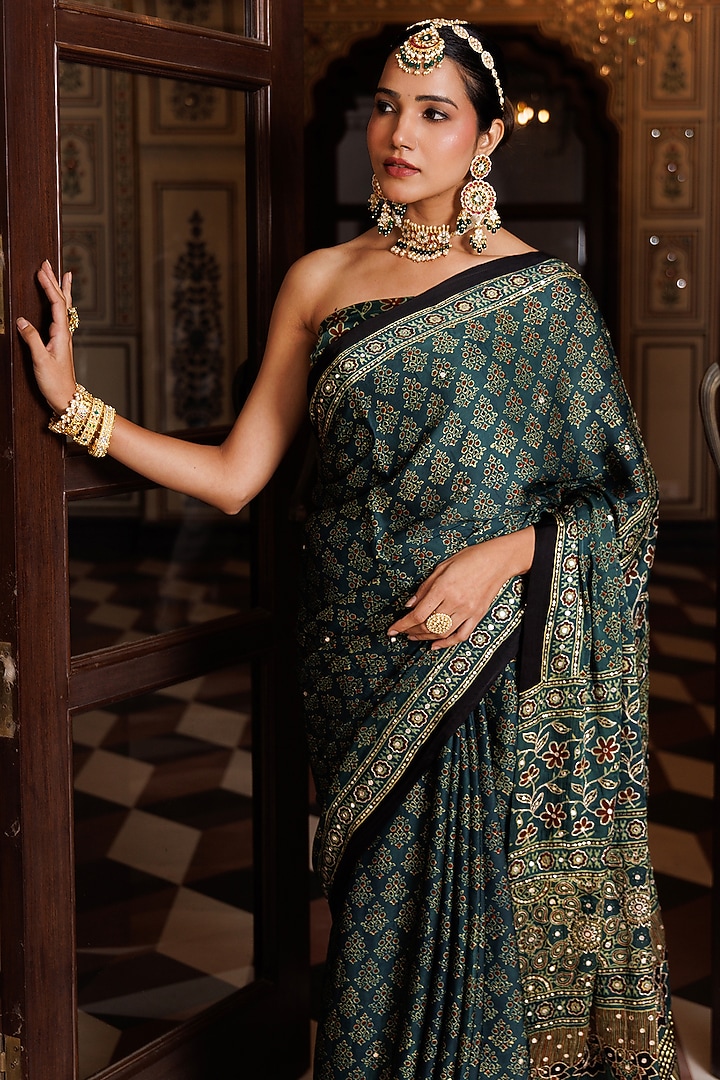 Green Modal Silk Ajrakh Printed Wedding Saree Set by Geroo Jaipur at Pernia's Pop Up Shop