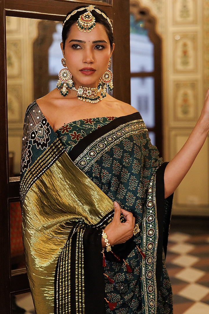 Green Modal Silk Ajrakh Printed Wedding Saree Set by Geroo Jaipur at Pernia's Pop Up Shop
