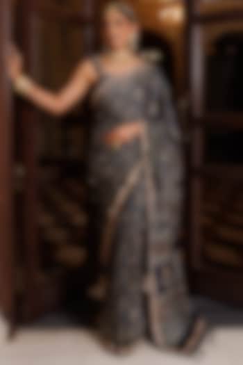 Indigo Blue Modal Silk Ajrakh Printed Wedding Saree Set by Geroo Jaipur at Pernia's Pop Up Shop