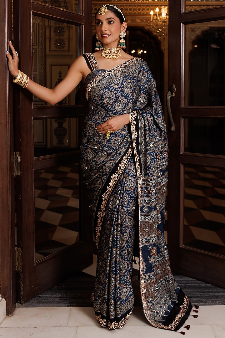 Indigo Blue Modal Silk Ajrakh Printed Wedding Saree Set by Geroo Jaipur at Pernia's Pop Up Shop