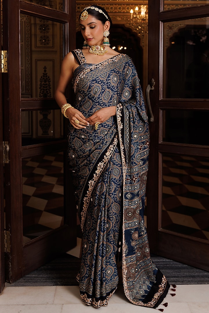 Indigo Blue Modal Silk Ajrakh Printed Wedding Saree Set by Geroo Jaipur at Pernia's Pop Up Shop
