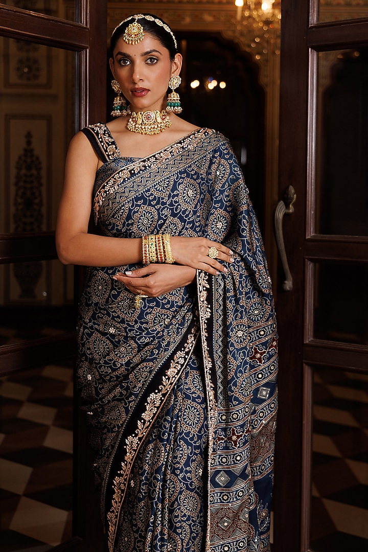 Indigo Blue Modal Silk Ajrakh Printed Wedding Saree Set by Geroo Jaipur at Pernia's Pop Up Shop