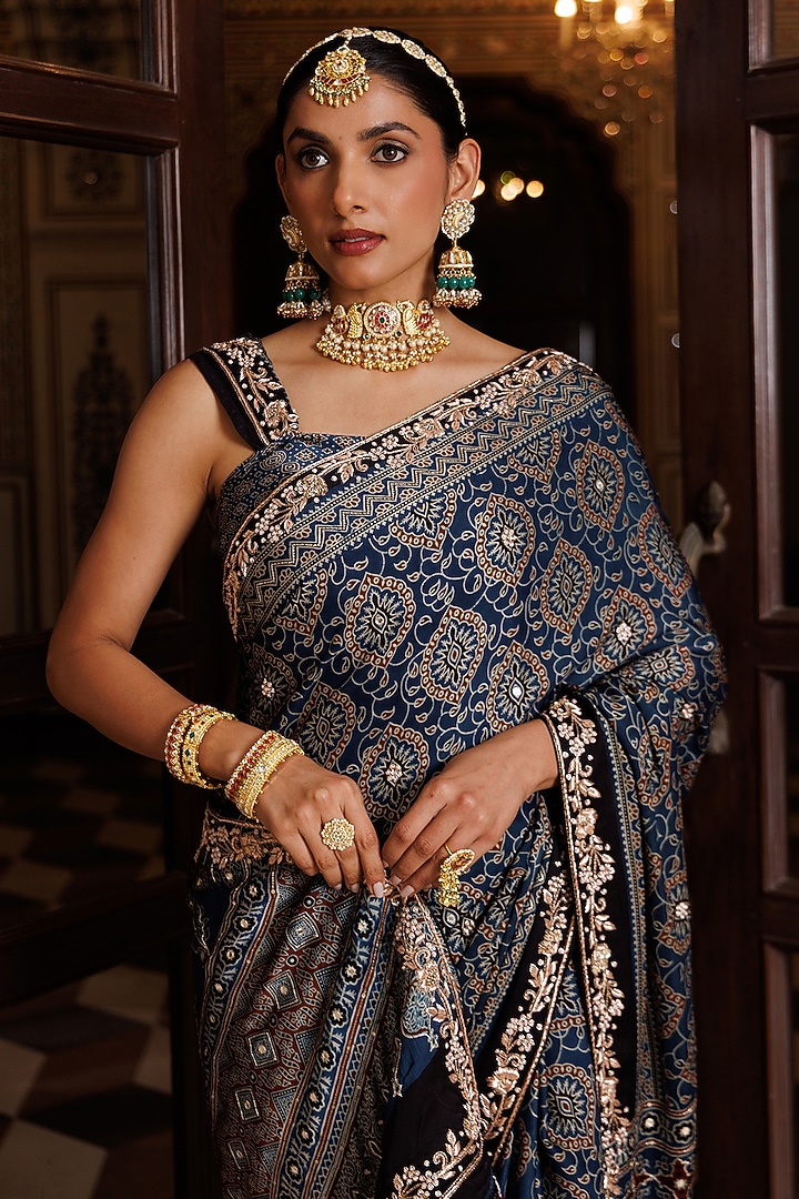 Indigo Blue Modal Silk Ajrakh Printed Wedding Saree Set by Geroo Jaipur at Pernia's Pop Up Shop