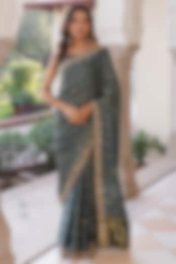 Indigo Blue Modal Silk Ajrakh Printed Wedding Saree Set by Geroo Jaipur at Pernia's Pop Up Shop