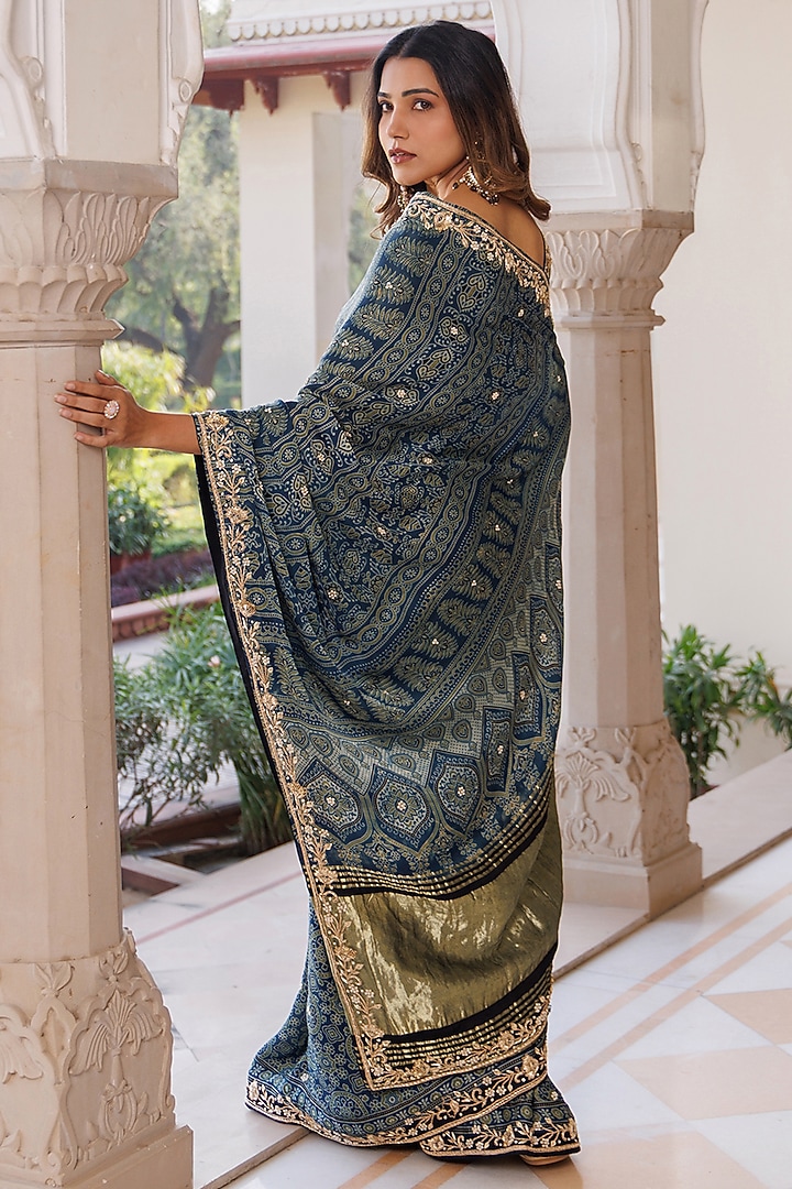 Indigo Blue Modal Silk Ajrakh Printed Wedding Saree Set by Geroo Jaipur at Pernia's Pop Up Shop