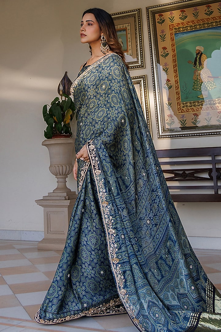 Indigo Blue Modal Silk Ajrakh Printed Wedding Saree Set by Geroo Jaipur at Pernia's Pop Up Shop