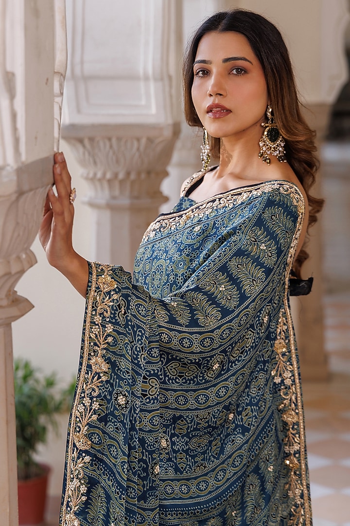 Indigo Blue Modal Silk Ajrakh Printed Wedding Saree Set by Geroo Jaipur at Pernia's Pop Up Shop