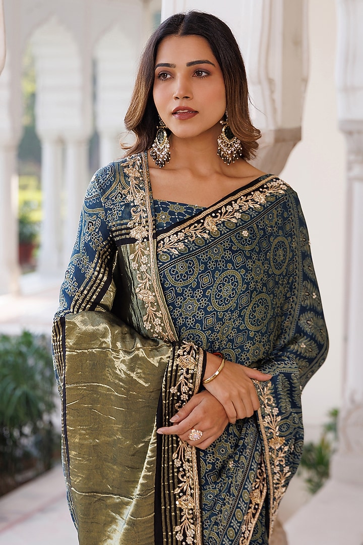 Indigo Blue Modal Silk Ajrakh Printed Wedding Saree Set by Geroo Jaipur at Pernia's Pop Up Shop