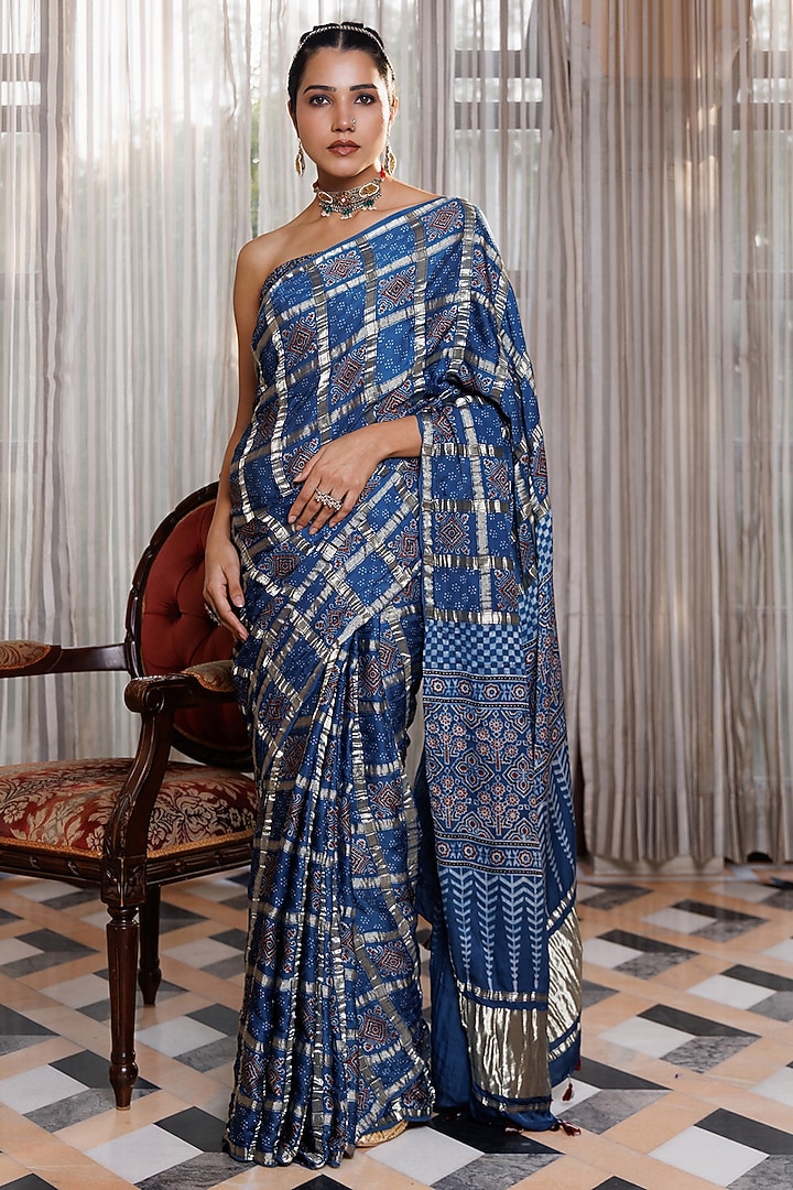 Indigo Blue Modal Silk Ajrakh Printed Wedding Saree Set by Geroo Jaipur at Pernia's Pop Up Shop