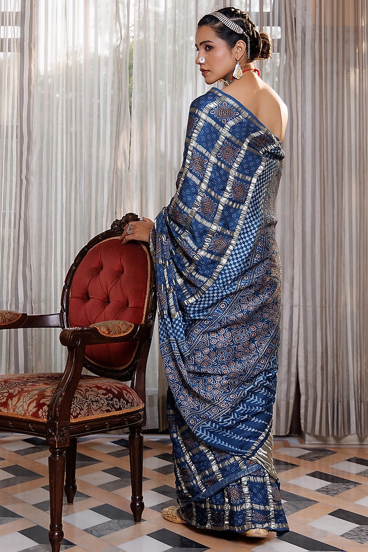 Indigo Blue Modal Silk Ajrakh Printed Wedding Saree Set by Geroo Jaipur at Pernia's Pop Up Shop