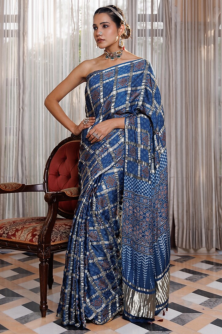 Indigo Blue Modal Silk Ajrakh Printed Wedding Saree Set by Geroo Jaipur at Pernia's Pop Up Shop
