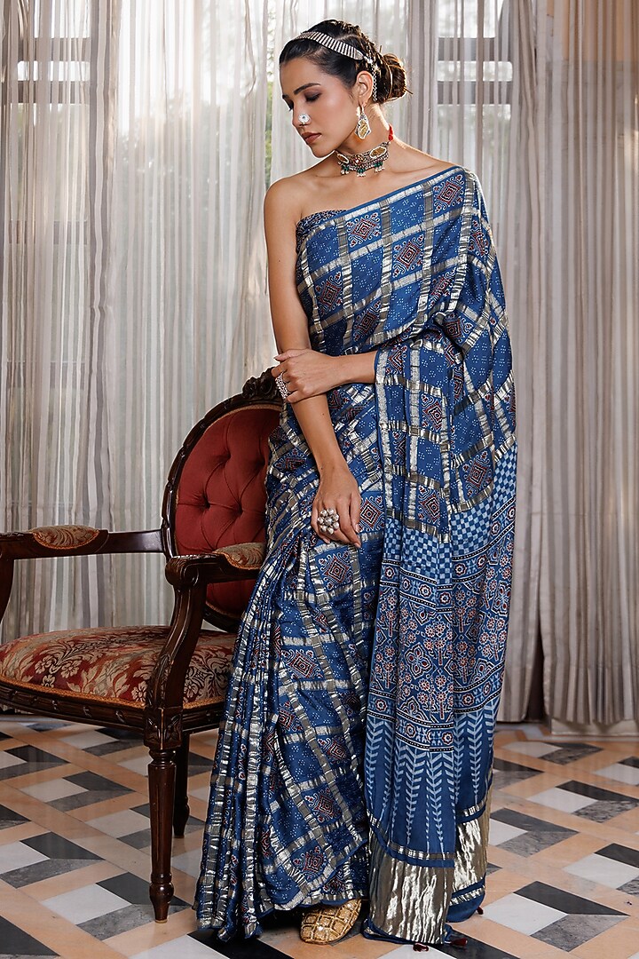 Indigo Blue Modal Silk Ajrakh Printed Wedding Saree Set by Geroo Jaipur at Pernia's Pop Up Shop