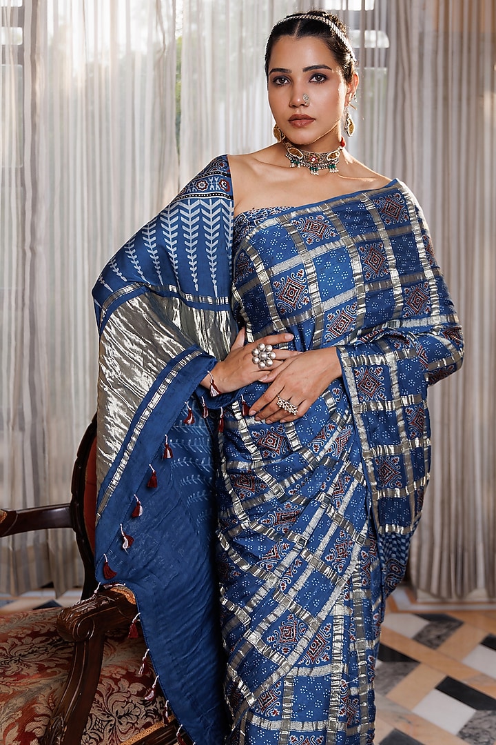 Indigo Blue Modal Silk Ajrakh Printed Wedding Saree Set by Geroo Jaipur at Pernia's Pop Up Shop