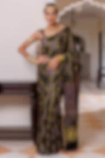 Black Modal Silk Hand Block Printed Wedding Saree Set by Geroo Jaipur at Pernia's Pop Up Shop