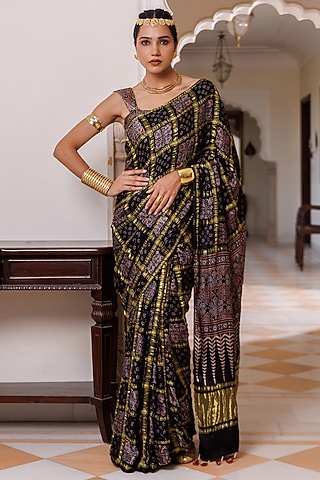 Black Modal Silk Hand Block Printed Saree Set by Geroo Jaipur