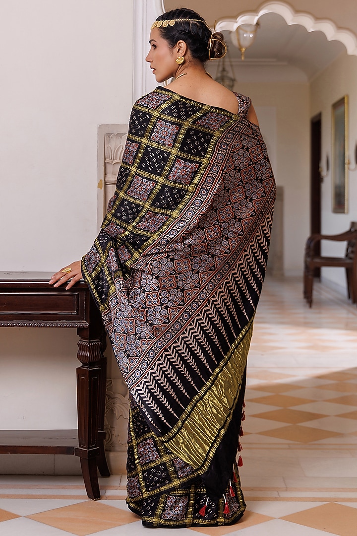 Black Modal Silk Hand Block Printed Wedding Saree Set by Geroo Jaipur at Pernia's Pop Up Shop