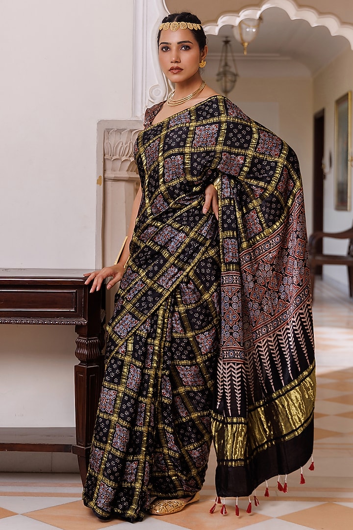 Black Modal Silk Hand Block Printed Wedding Saree Set by Geroo Jaipur at Pernia's Pop Up Shop