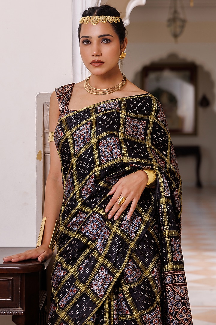Black Modal Silk Hand Block Printed Wedding Saree Set by Geroo Jaipur at Pernia's Pop Up Shop