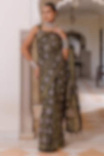 Black Modal Silk Ajrakh Printed Wedding Saree Set by Geroo Jaipur at Pernia's Pop Up Shop