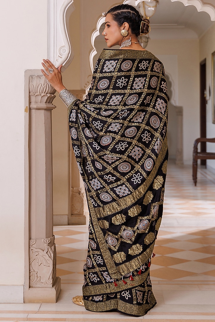Black Modal Silk Ajrakh Printed Wedding Saree Set by Geroo Jaipur at Pernia's Pop Up Shop