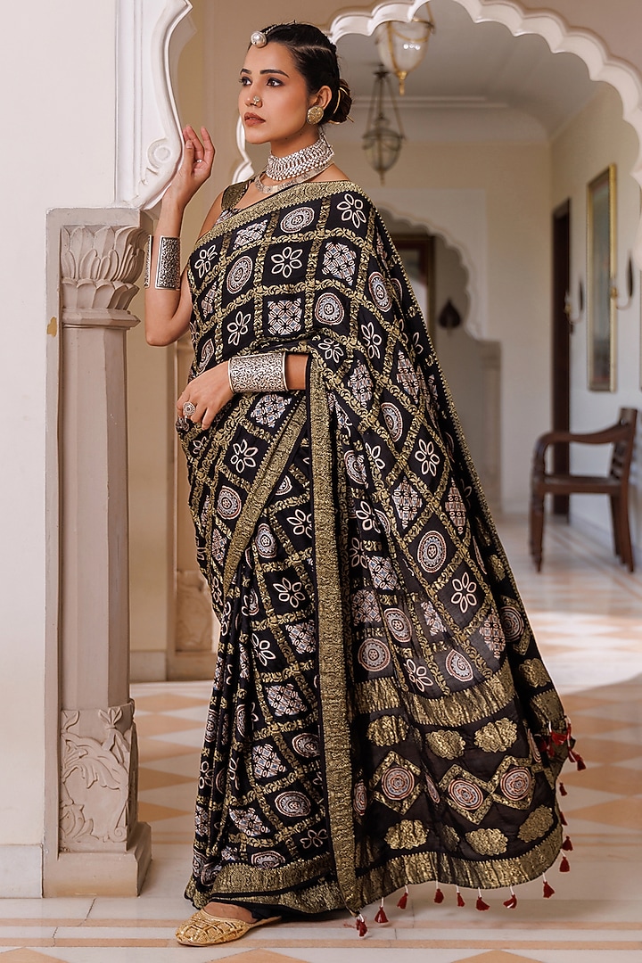 Black Modal Silk Ajrakh Printed Wedding Saree Set by Geroo Jaipur at Pernia's Pop Up Shop