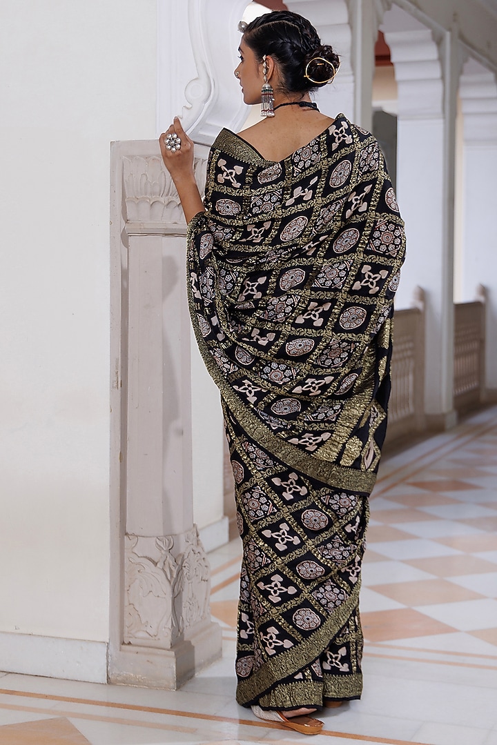 Black Modal Silk Ajrakh Printed Wedding Saree Set by Geroo Jaipur at Pernia's Pop Up Shop