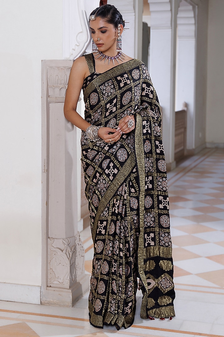 Black Modal Silk Ajrakh Printed Wedding Saree Set by Geroo Jaipur at Pernia's Pop Up Shop