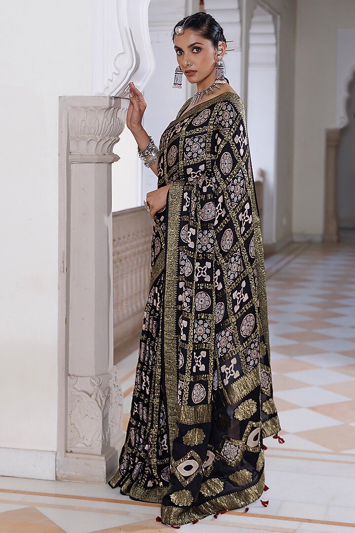 Black Modal Silk Ajrakh Printed Wedding Saree Set by Geroo Jaipur at Pernia's Pop Up Shop