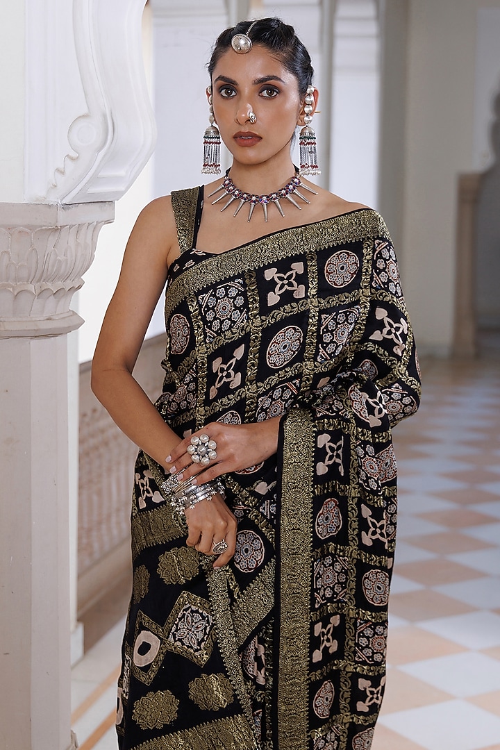 Black Modal Silk Ajrakh Printed Wedding Saree Set by Geroo Jaipur at Pernia's Pop Up Shop