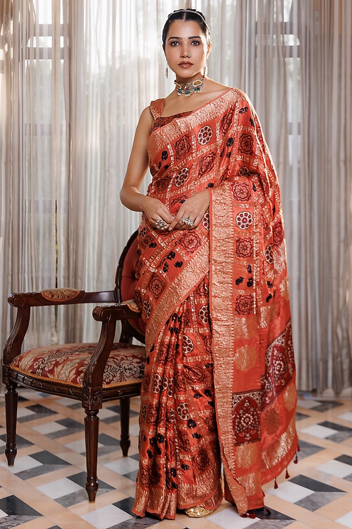 Peach Modal Silk Hand Block Motif Printed Wedding Saree Set by Geroo Jaipur at Pernia's Pop Up Shop