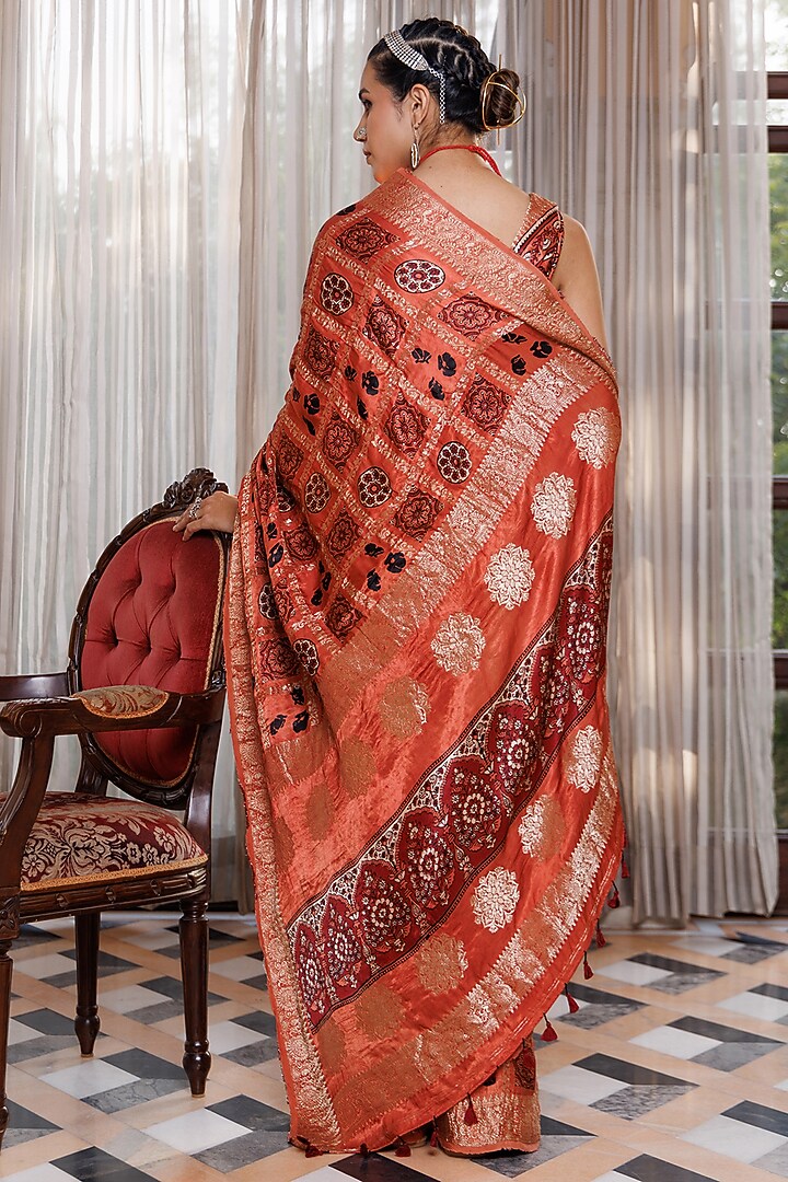 Peach Modal Silk Hand Block Motif Printed Wedding Saree Set by Geroo Jaipur at Pernia's Pop Up Shop
