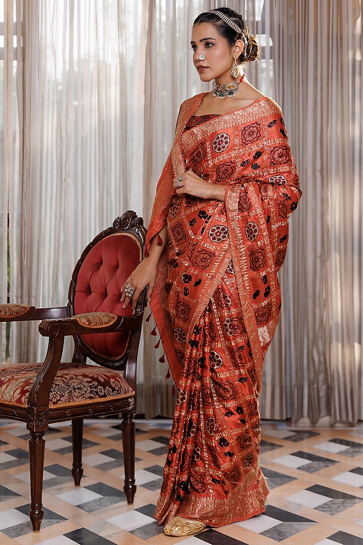 Peach Modal Silk Hand Block Motif Printed Wedding Saree Set by Geroo Jaipur at Pernia's Pop Up Shop