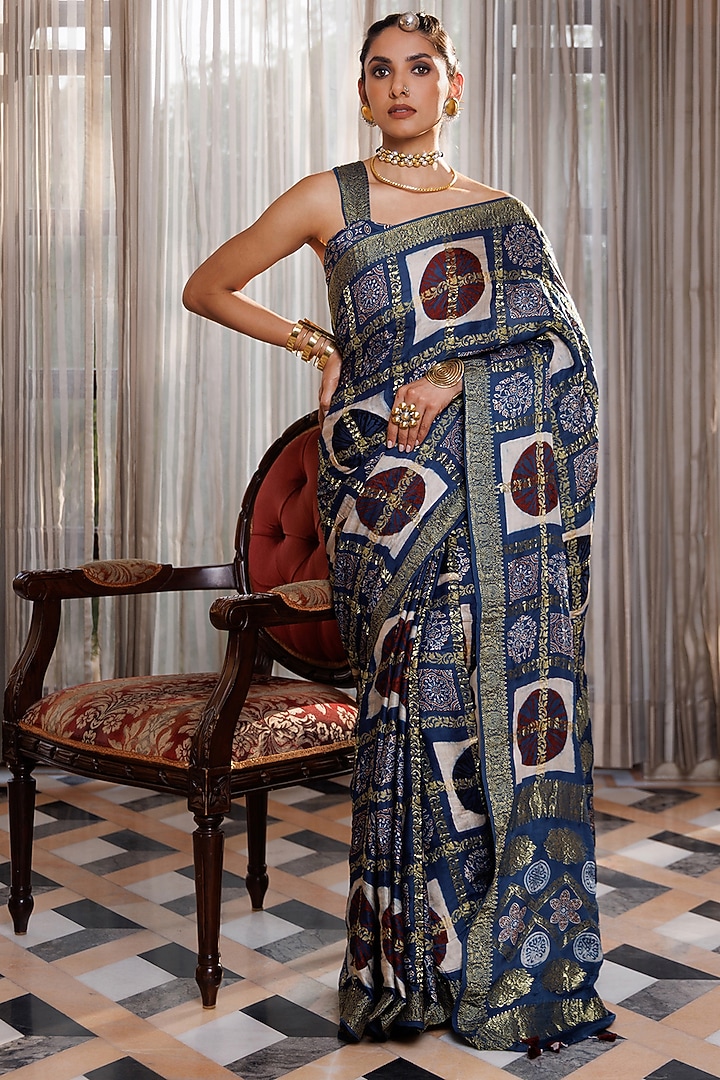 Indigo Blue Modal Silk Ajrakh Printed Wedding Saree Set by Geroo Jaipur at Pernia's Pop Up Shop